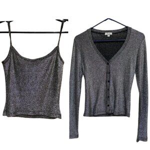 Fragile silvery gray glittery metallic top, disco-esque and matching cardigan sw